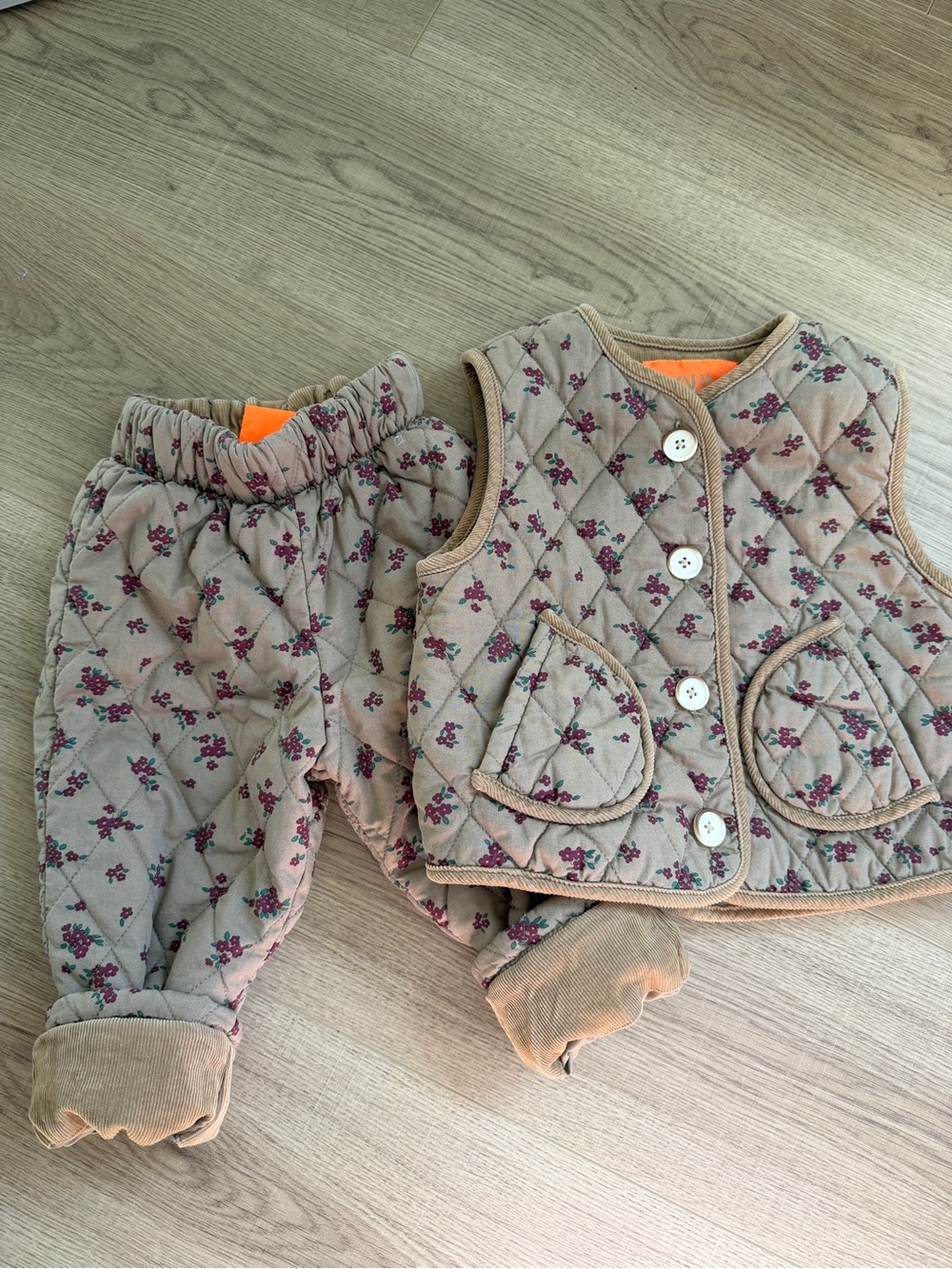 Zara Quilted Beige Floral Vest and Pants Set